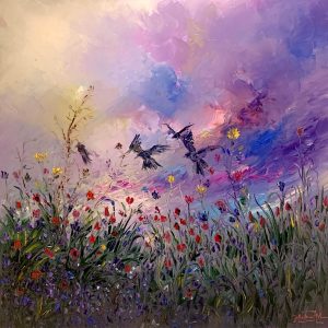 Vol des hirondelles </br><span class="dimension">Dimensions 100X100 cm <br> <a href="https://green-snake-824980.hostingersite.com/product-category/artists/mohamed-achwak/"><u>ACHWAK  Mohamed</u></a></span>