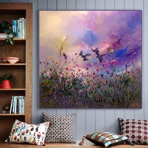 Vol des hirondelles </br><span class="dimension">Dimensions 100X100 cm <br> <a href="https://green-snake-824980.hostingersite.com/product-category/artists/mohamed-achwak/"><u>ACHWAK  Mohamed</u></a></span>