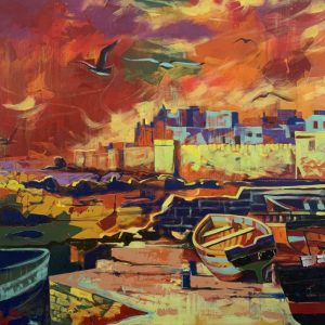 Une Vue sur Essaouira <br><span class="dimension">Dimensions 128X128cm </br> <a href="https://green-snake-824980.hostingersite.com/product-category/artistes/mountassir-mohamed/"><u>MOUNTASSIR Mohamed</u></a></span>