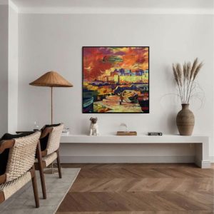 Une Vue sur Essaouira <br><span class="dimension">Dimensions 128X128cm </br> <a href="https://green-snake-824980.hostingersite.com/product-category/artistes/mountassir-mohamed/"><u>MOUNTASSIR Mohamed</u></a></span>